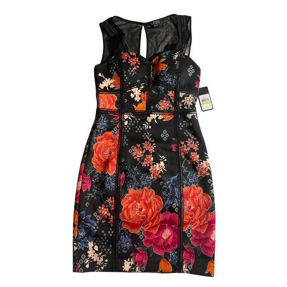 Guess Dress Womens Size 4 NWT Black Floral Sleeveless Mesh Panel Short Bodycon - Picture 1 of 7